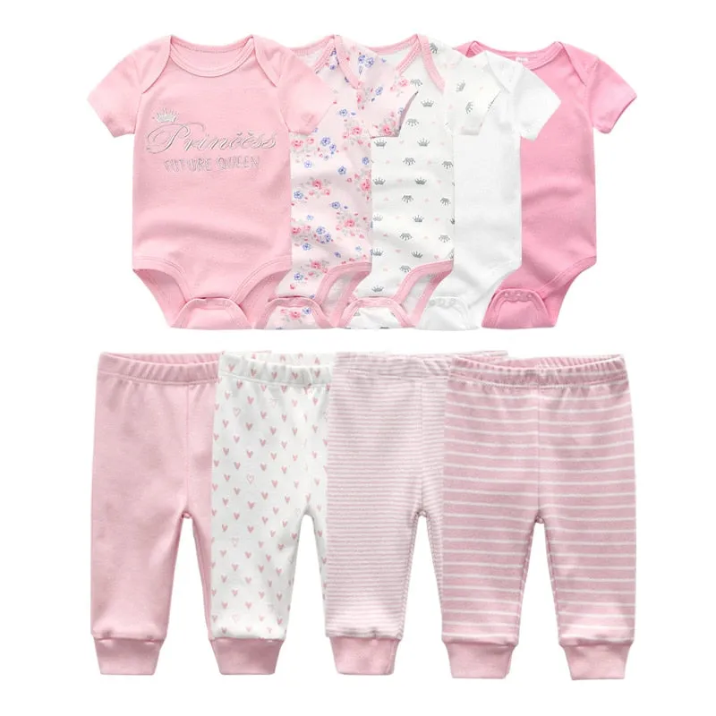 10PCS Newborn Solid Bodysuits Pants Cotton Clothes Short Sleeve