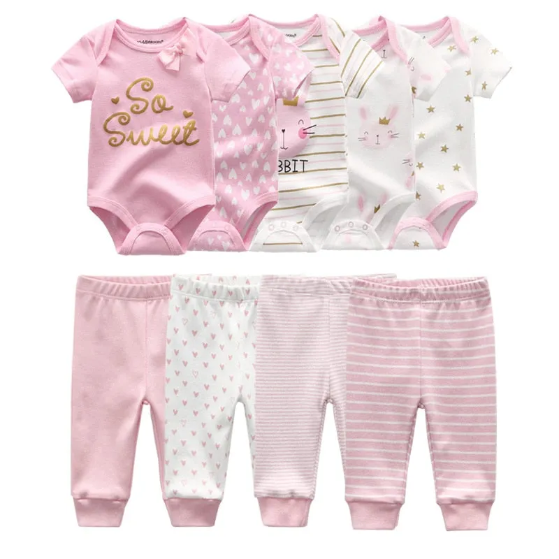 10PCS Newborn Solid Bodysuits Pants Cotton Clothes Short Sleeve