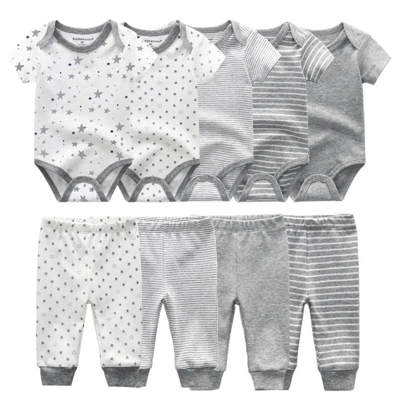 10PCS Newborn Solid Bodysuits Pants Cotton Clothes Short Sleeve