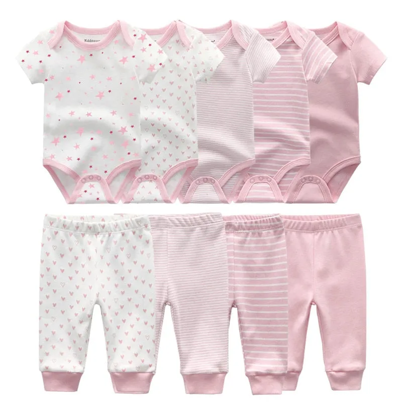 10PCS Newborn Solid Bodysuits Pants Cotton Clothes Short Sleeve