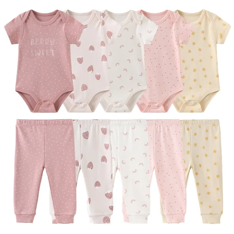 10PCS Newborn Solid Bodysuits Pants Cotton Clothes Short Sleeve