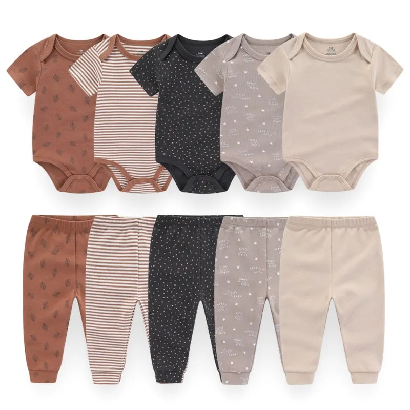 10PCS Newborn Solid Bodysuits Pants Cotton Clothes Short Sleeve