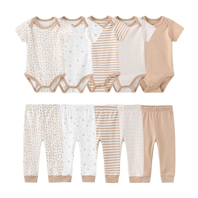 10PCS Newborn Solid Bodysuits Pants Cotton Clothes Short Sleeve