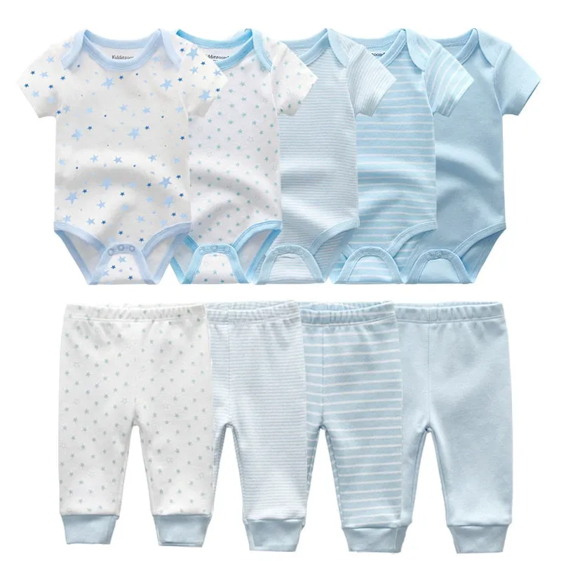 10PCS Newborn Solid Bodysuits Pants Cotton Clothes Short Sleeve