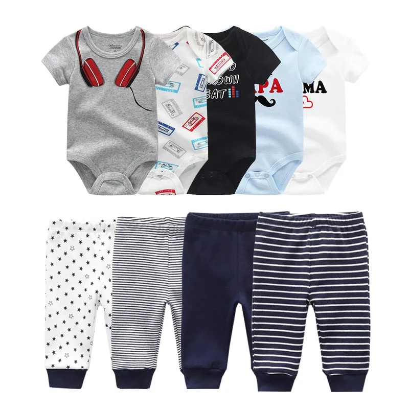 10PCS Newborn Solid Bodysuits Pants Cotton Clothes Short Sleeve