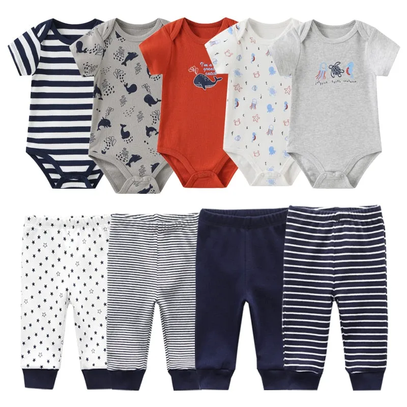 10PCS Newborn Solid Bodysuits Pants Cotton Clothes Short Sleeve