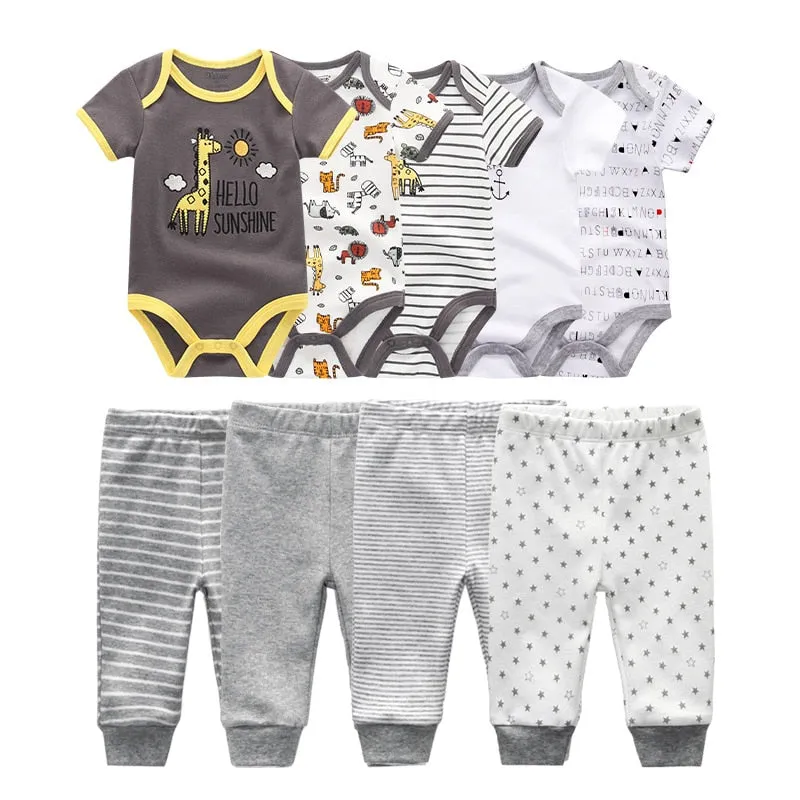 10PCS Newborn Solid Bodysuits Pants Cotton Clothes Short Sleeve