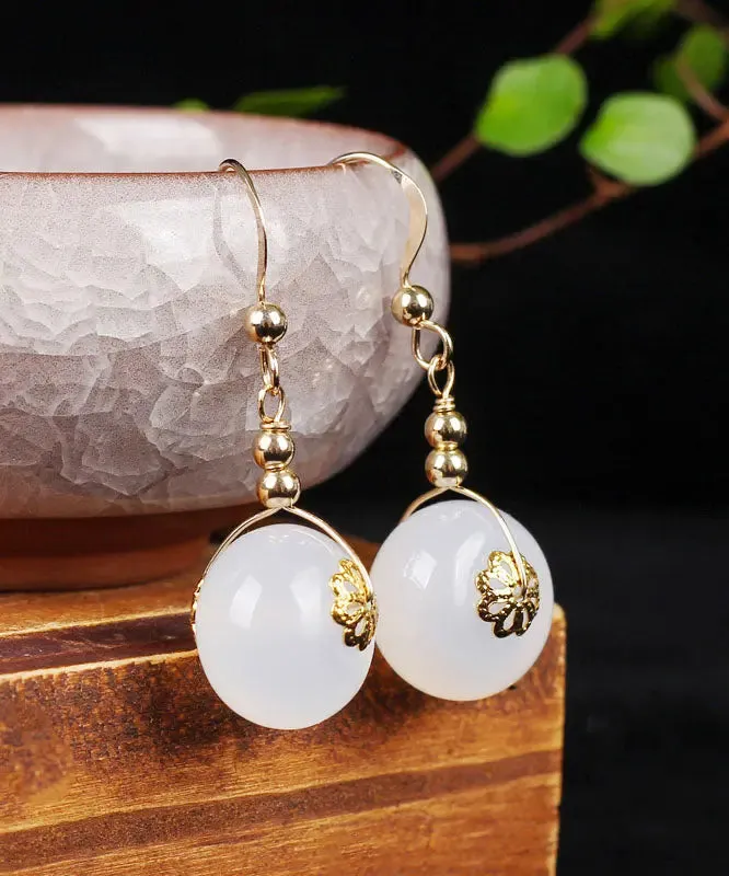 14K Gold Chalcedony Floral Drop Earrings