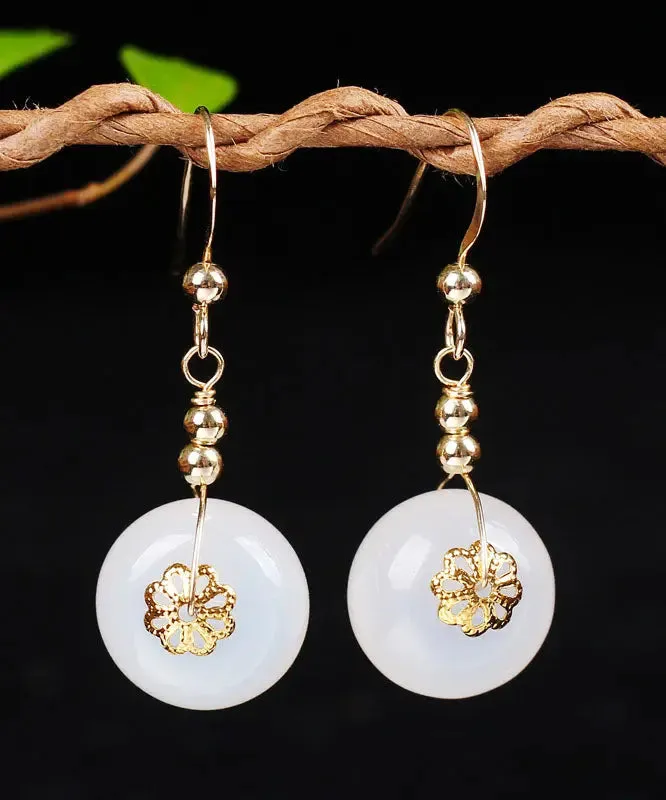 14K Gold Chalcedony Floral Drop Earrings