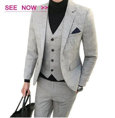 3 Pieces Suits Men British Style Designs Slim Fit Plaid Dress Tuxedo