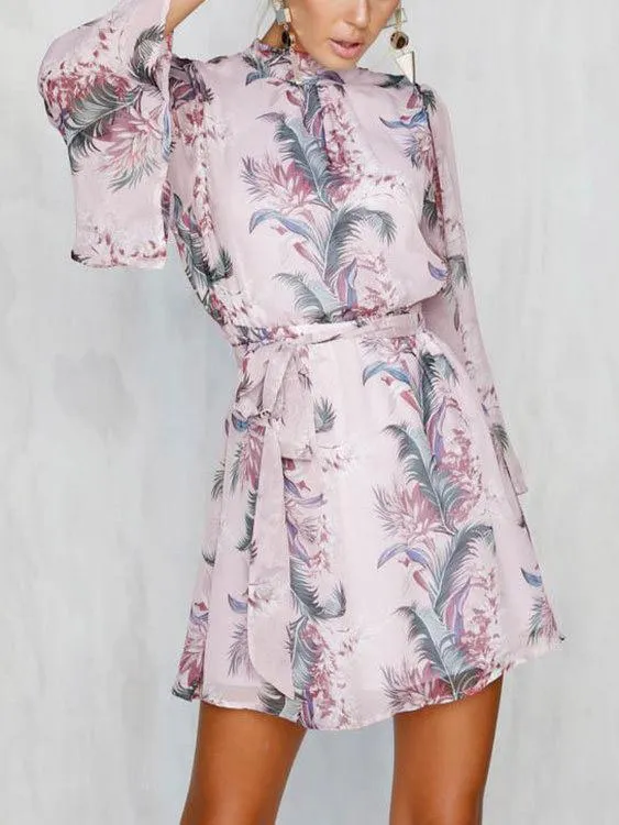 3/4 Length Sleeve Floral Print Backless Dresses