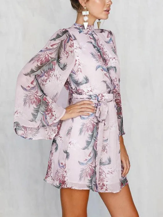 3/4 Length Sleeve Floral Print Backless Dresses