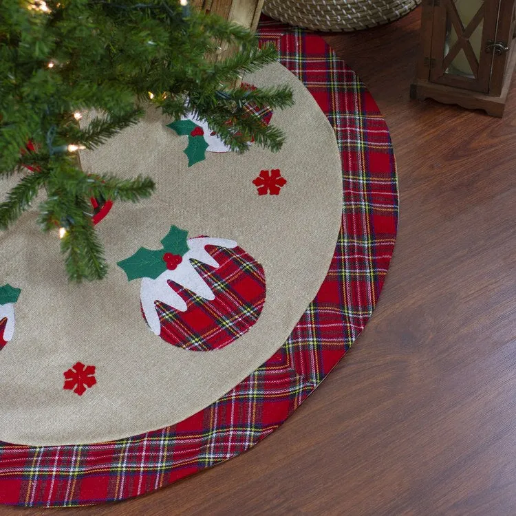 48" Burlap Plaid Tree Skirt with Christmas Puddings