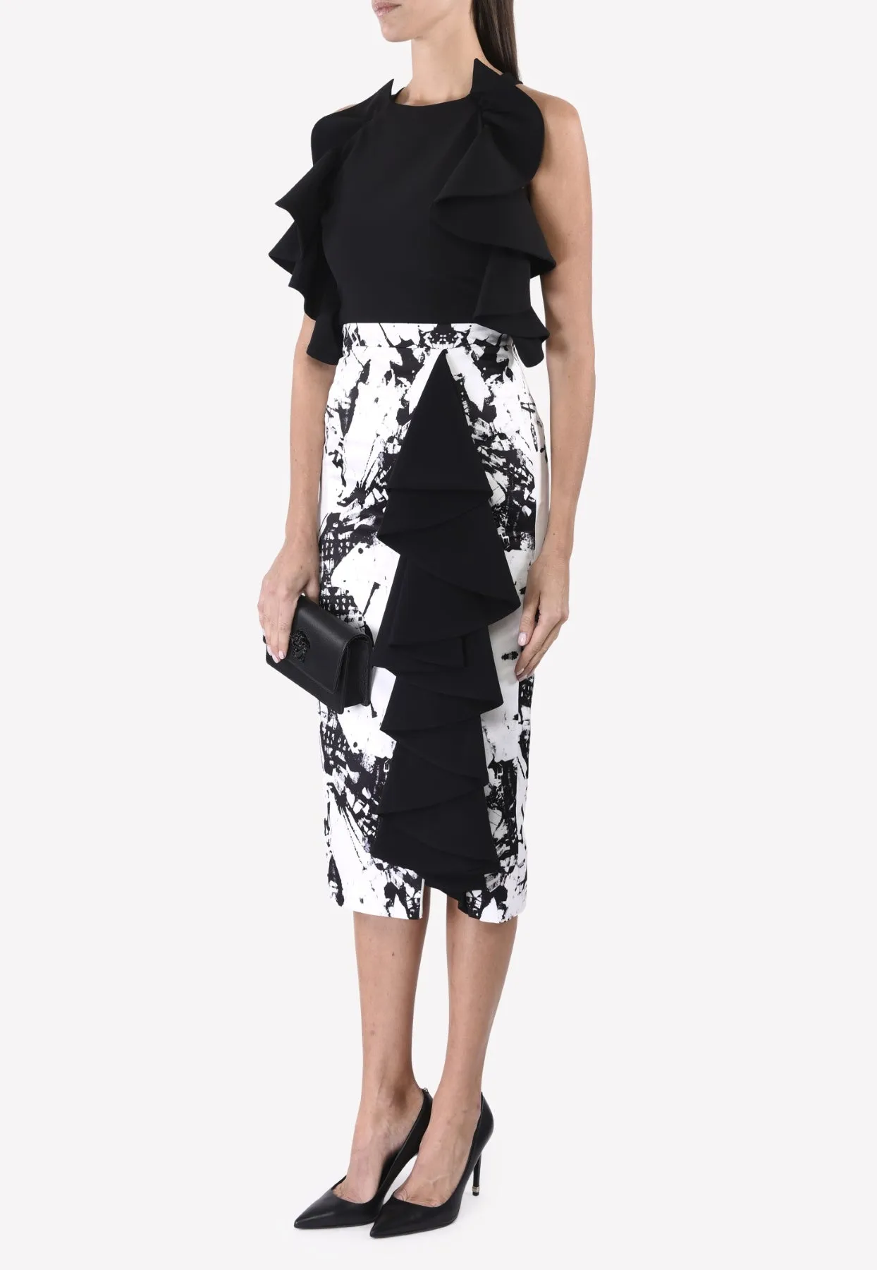 Abstract Print Ruffled Pencil Skirt