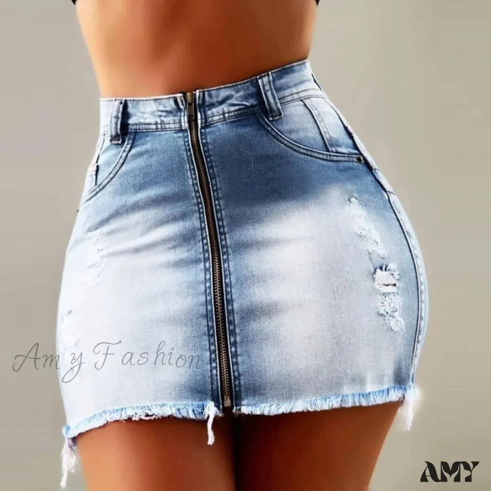 Amy Fashion - Fashion High Waist Zipper Mini Hip Jean Skirts