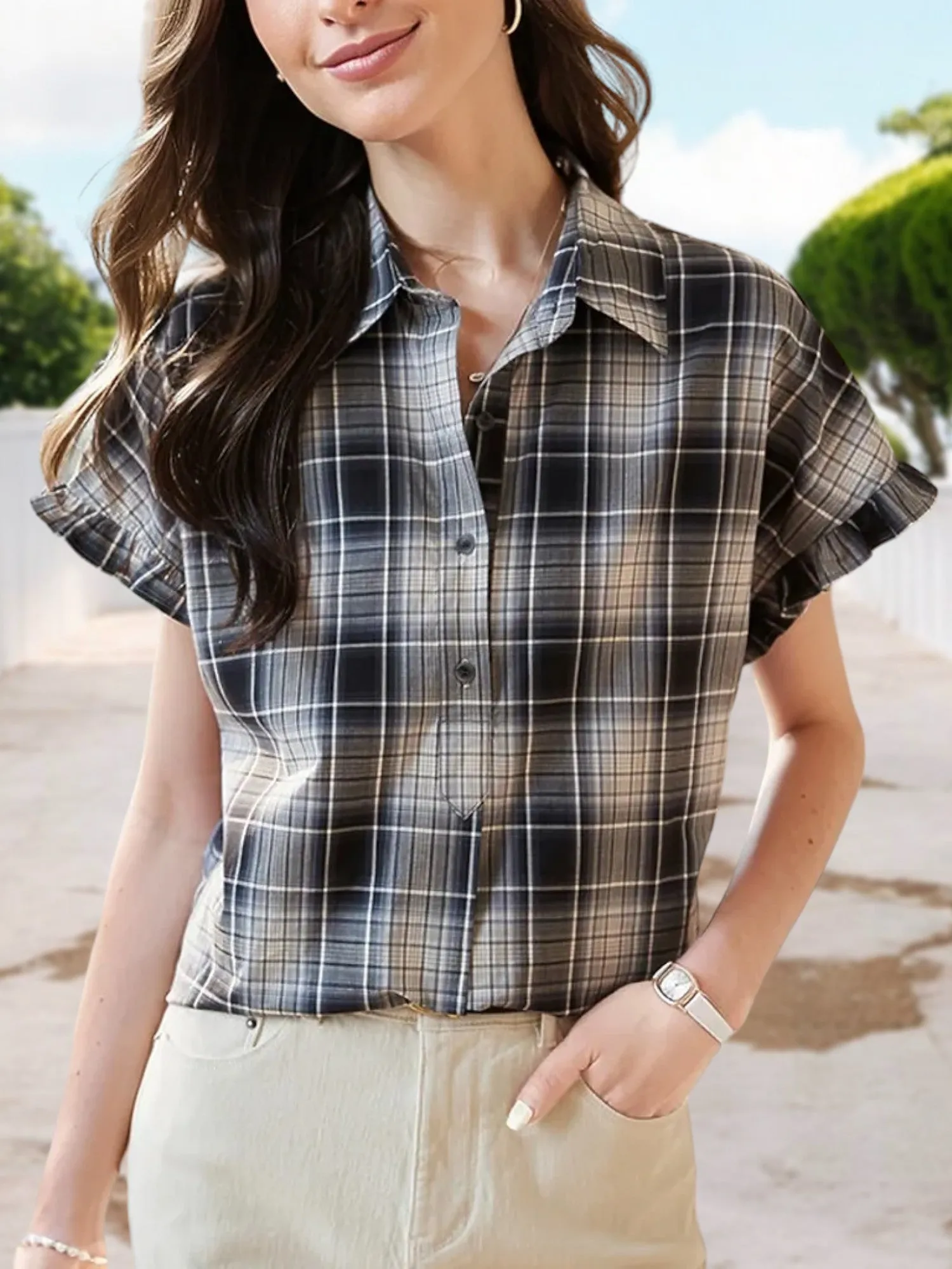 Anna-Kaci Women's Plaid Button-Down Shirt with Ruffle Cap Sleeves and Classic Collar