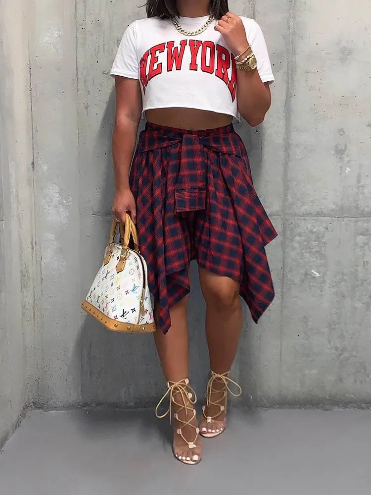 Asymmetric Plaid Midi Skirt