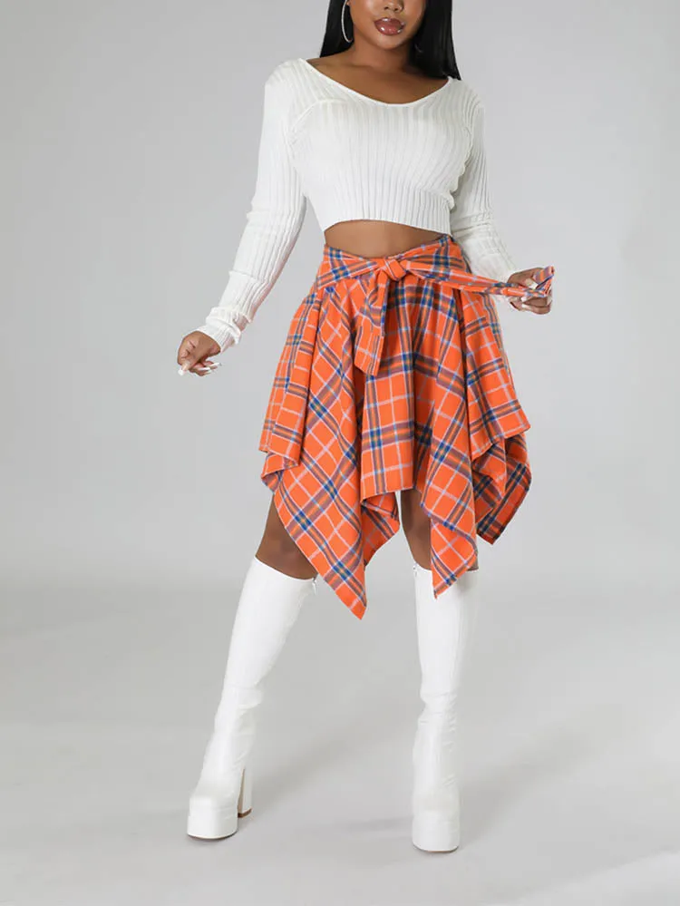 Asymmetric Plaid Midi Skirt