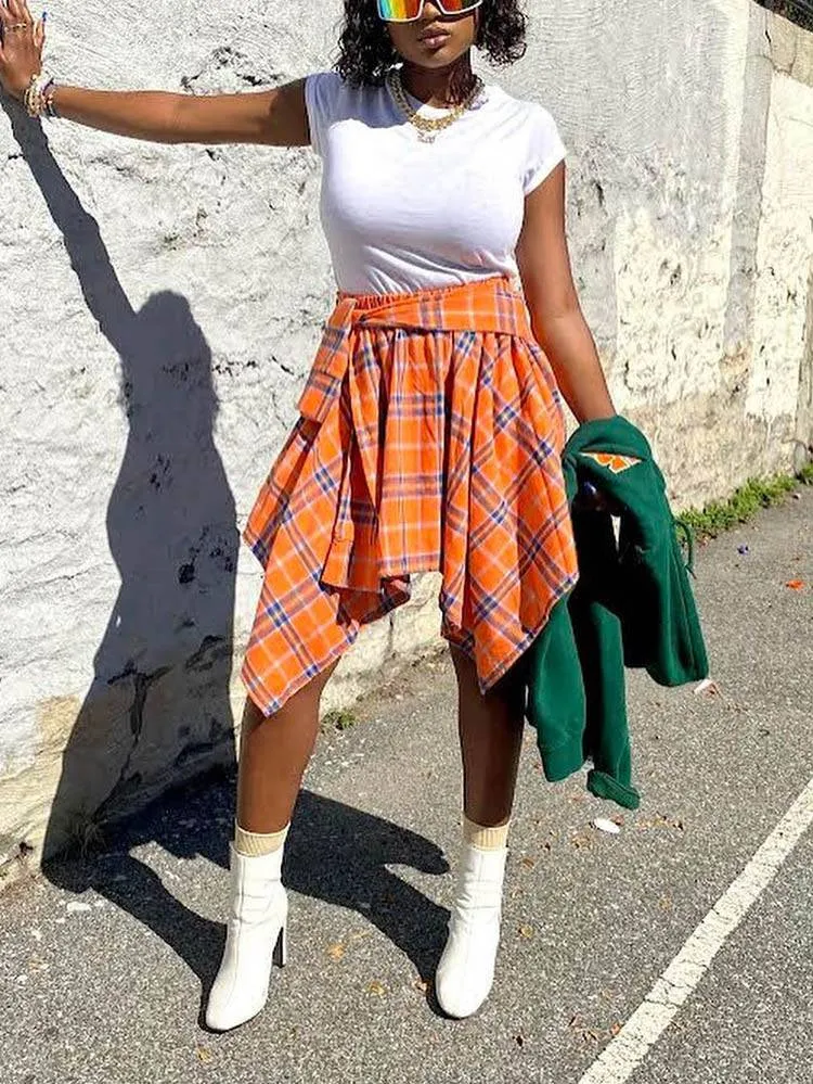 Asymmetric Plaid Midi Skirt