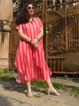 Asymmetrical dress in red and pink stripe cotton blend