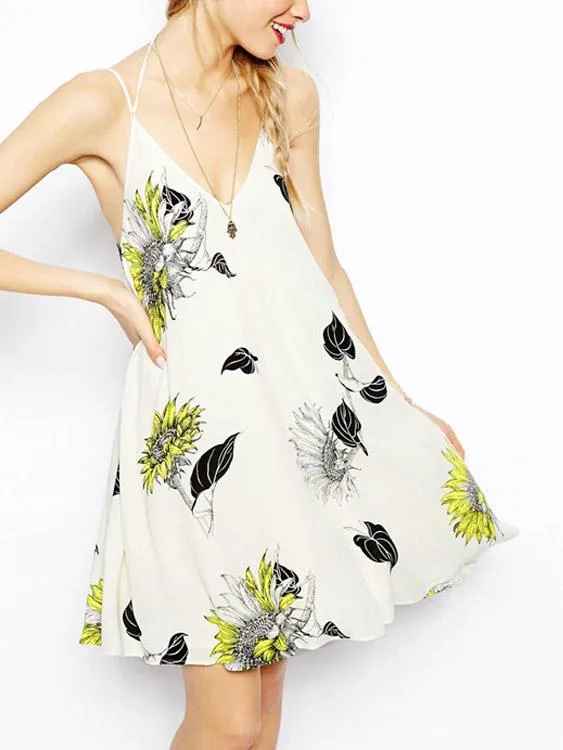 Backless V-Neck Floral Print Dresses