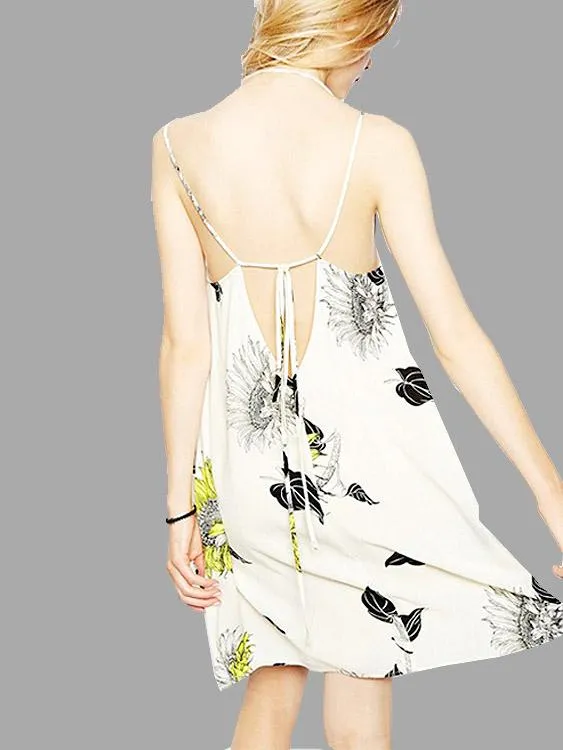 Backless V-Neck Floral Print Dresses