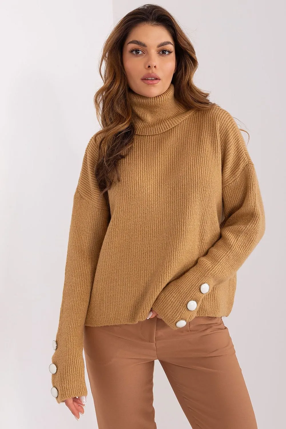 BADU Women's European-made Knitted Turtleneck Sweater with Decorative Sleeves Buttons