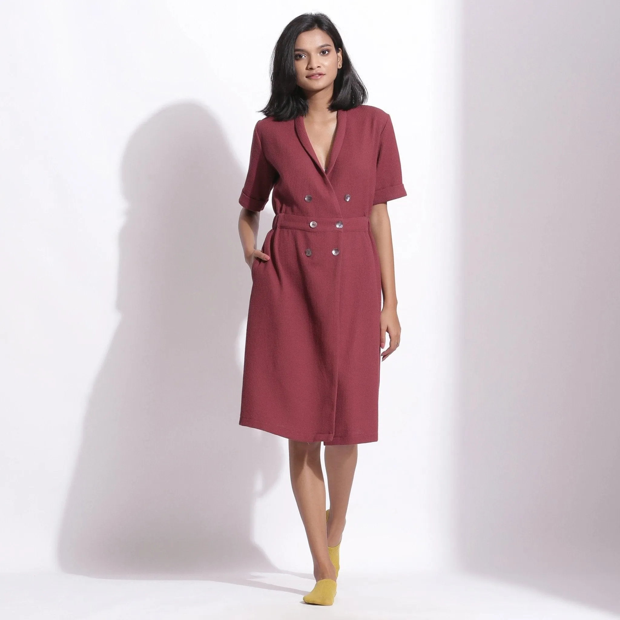 Barn Red Warm Cotton Waffle Knee Length Coat Dress