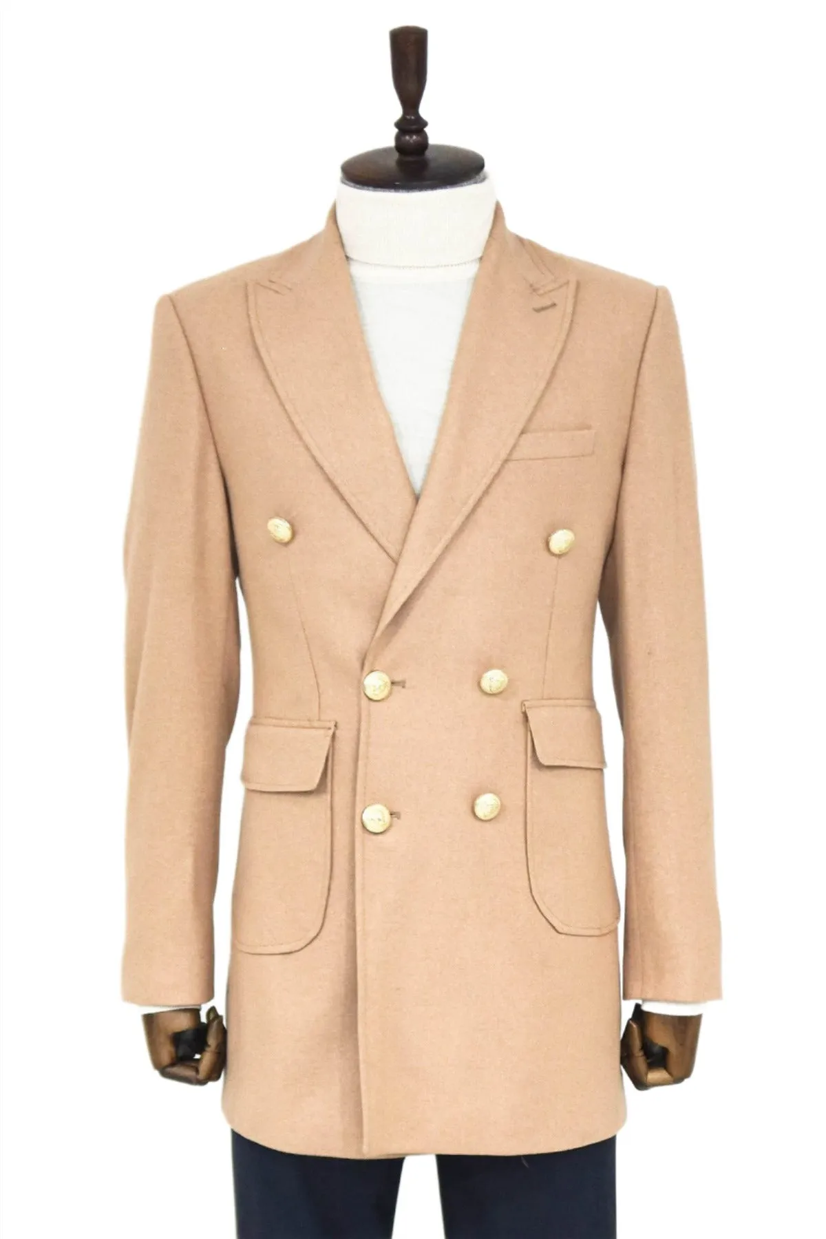 Beige Double-Breasted Coat with Brown Suit and Knitwear - Winter Business Look - Wessi