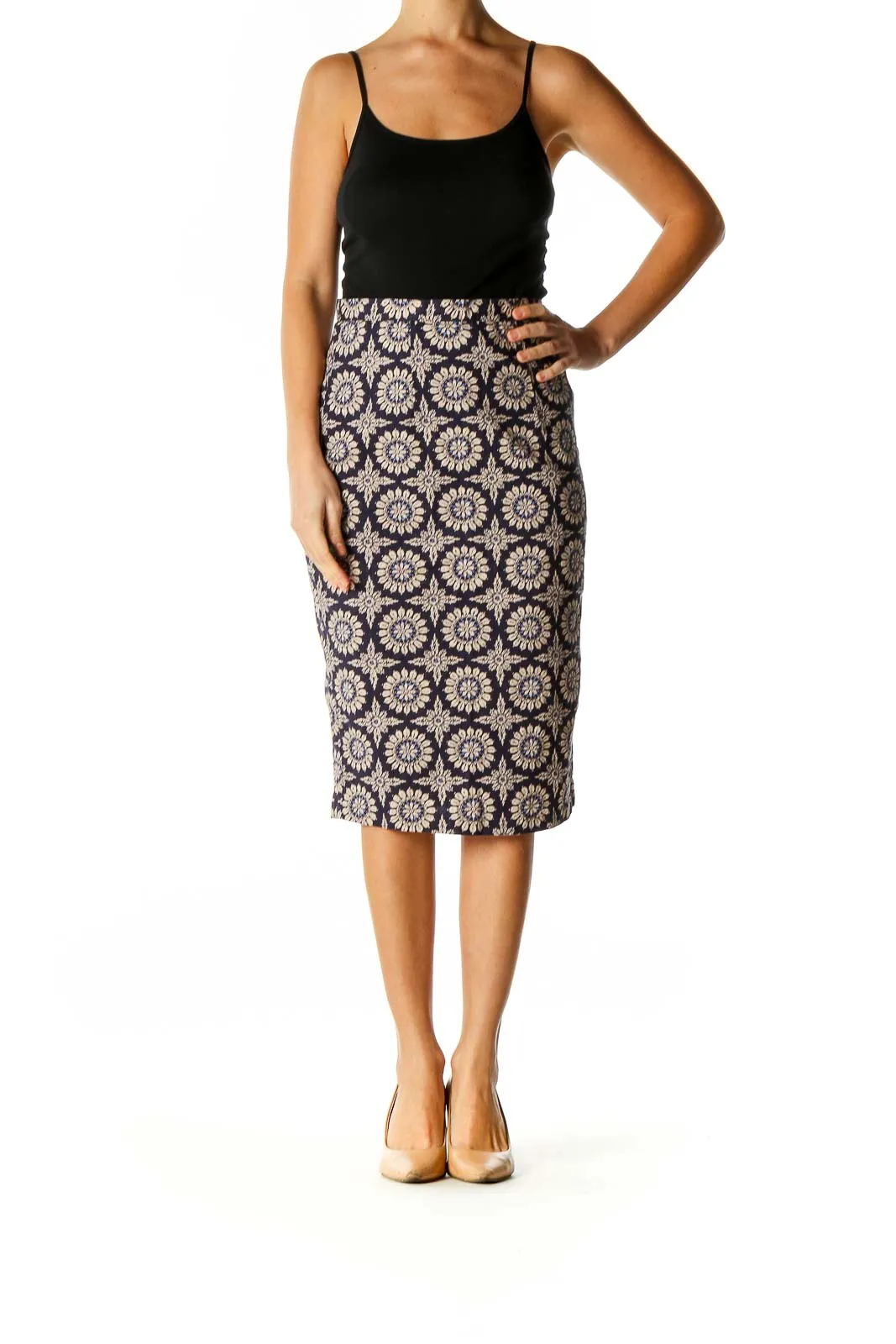 Beige Printed Brunch Pencil Skirt