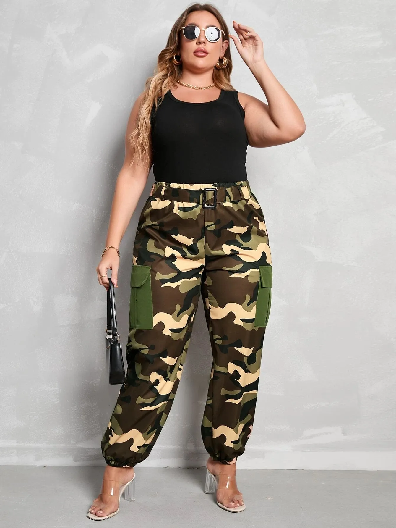 Belted High Waist Camo Cargo Pants