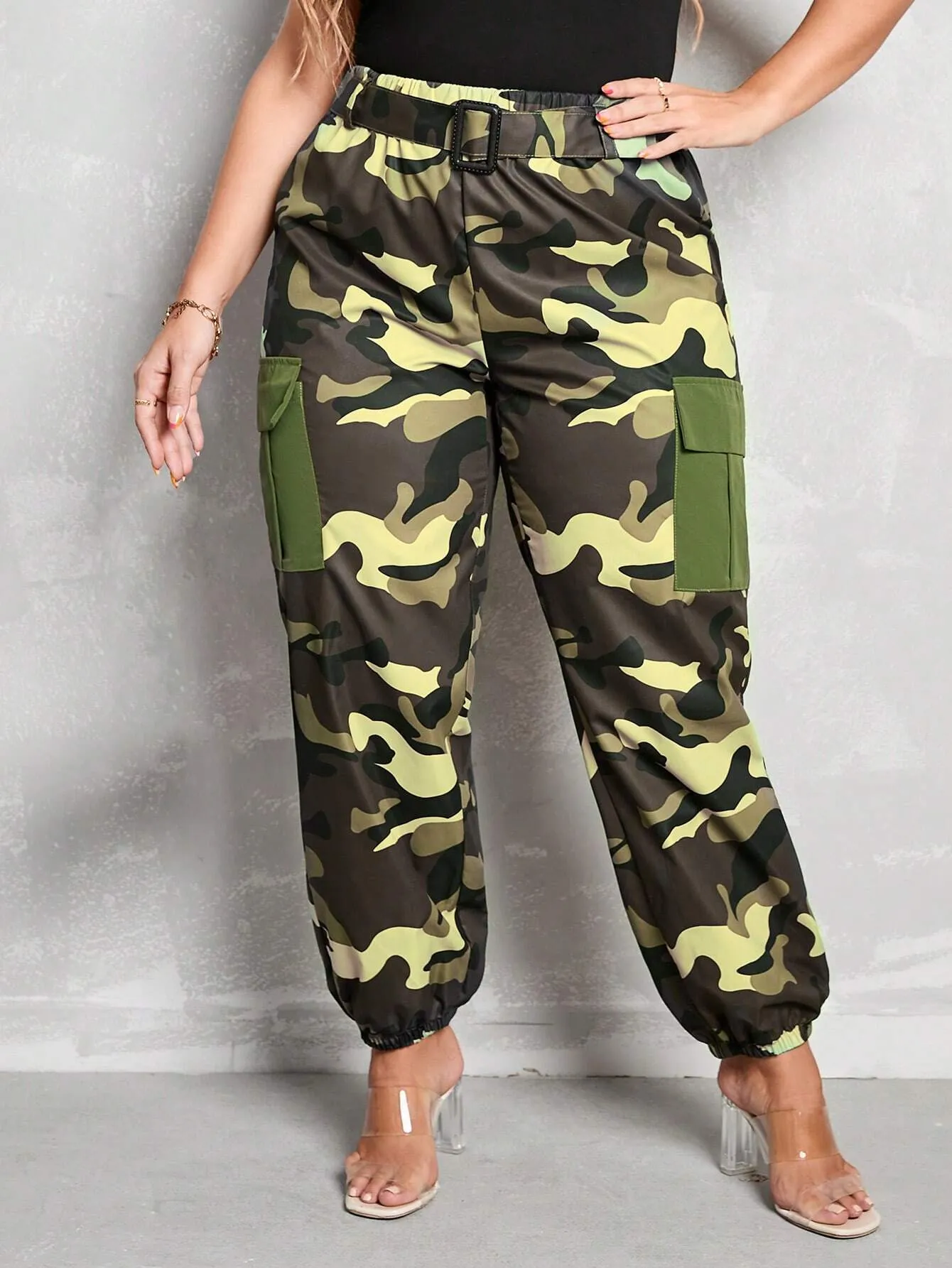 Belted High Waist Camo Cargo Pants