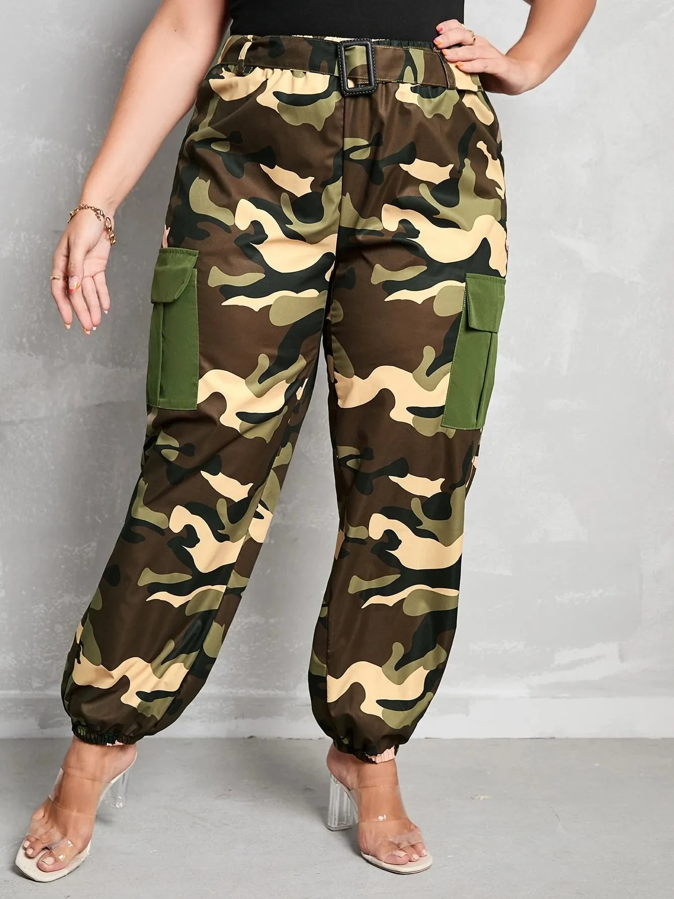 Belted High Waist Camo Cargo Pants