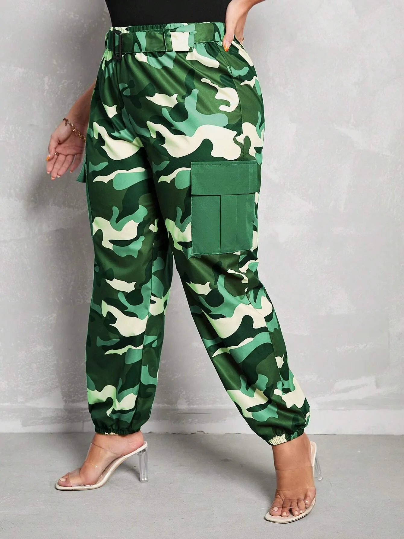 Belted High Waist Camo Cargo Pants