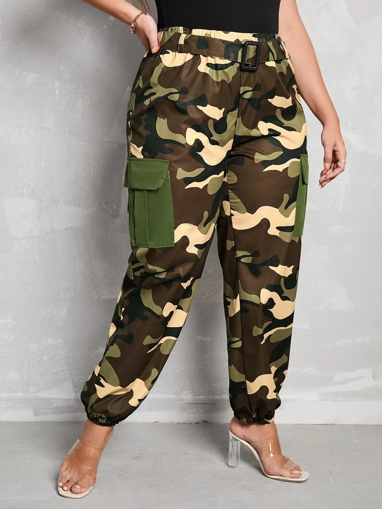 Belted High Waist Camo Cargo Pants