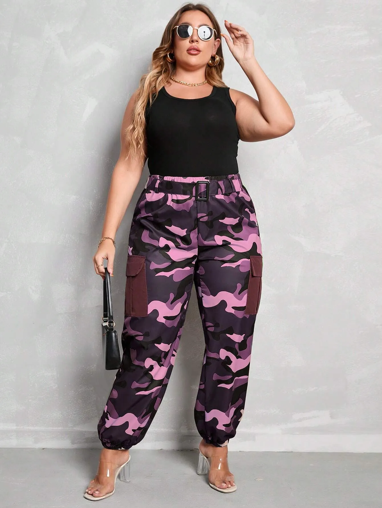 Belted High Waist Camo Cargo Pants