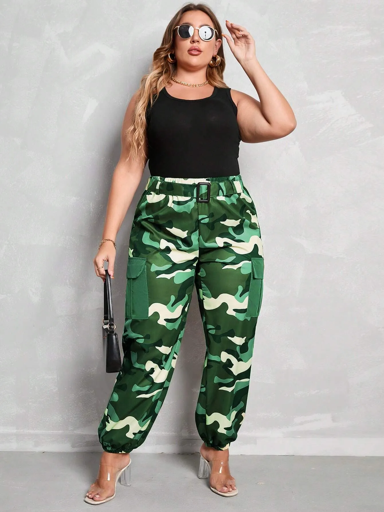 Belted High Waist Camo Cargo Pants