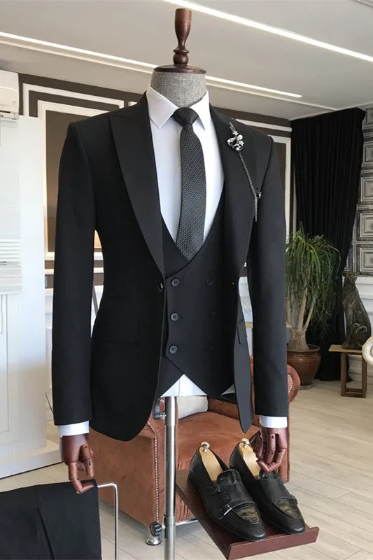 Bevis Black Formal Peaked Lapel Three-Piece Business Suit