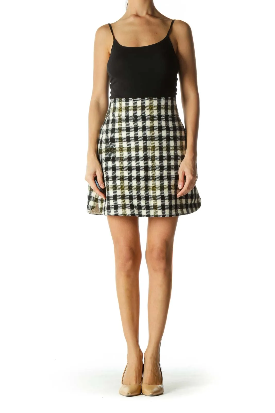 Black and Cream Plaid Flared Skirt