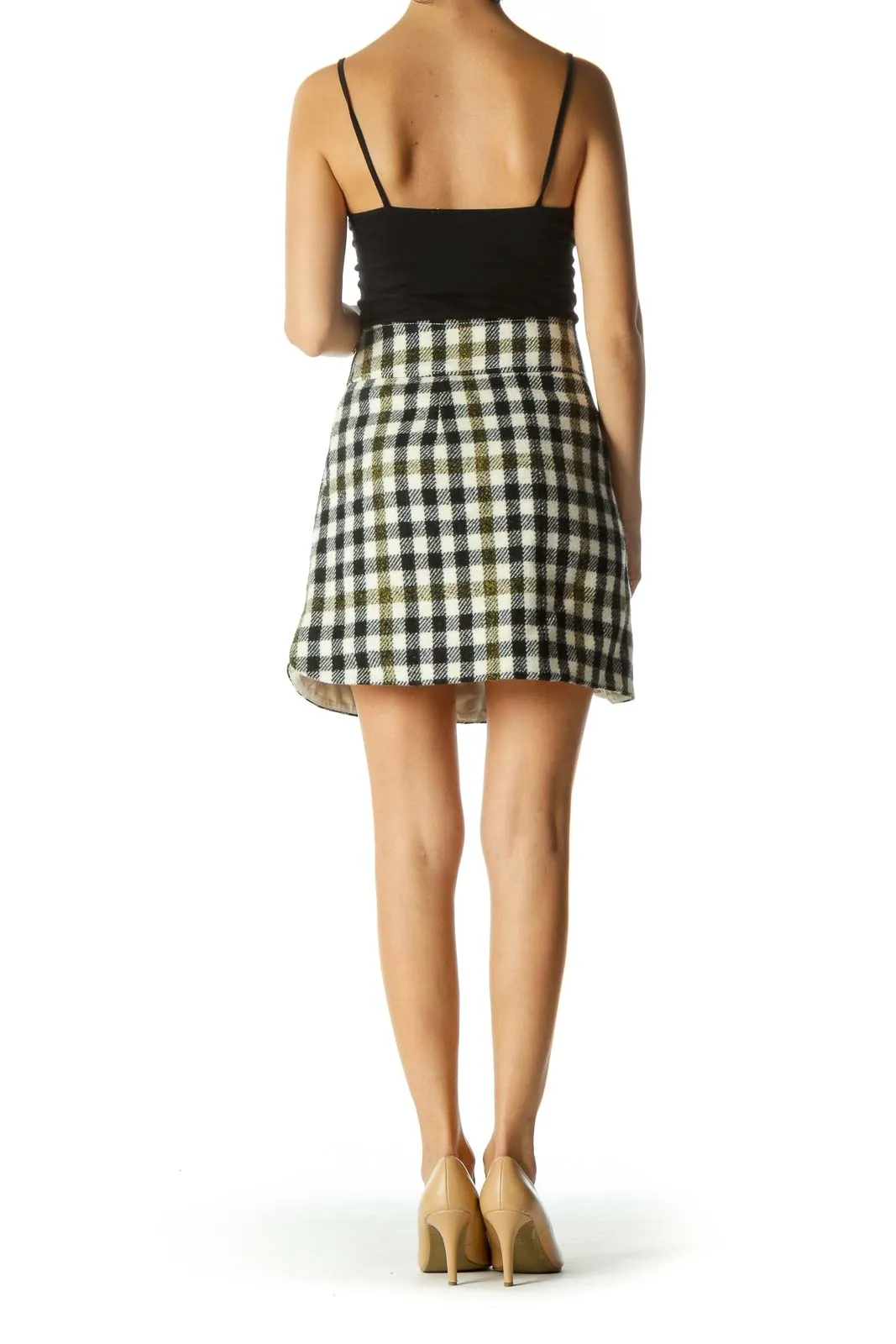 Black and Cream Plaid Flared Skirt