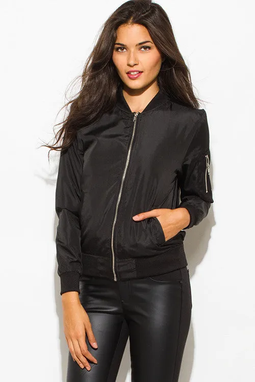 BLACK BANDED CROPPED WITH SILVER ZIPPER BOMBER JACKET