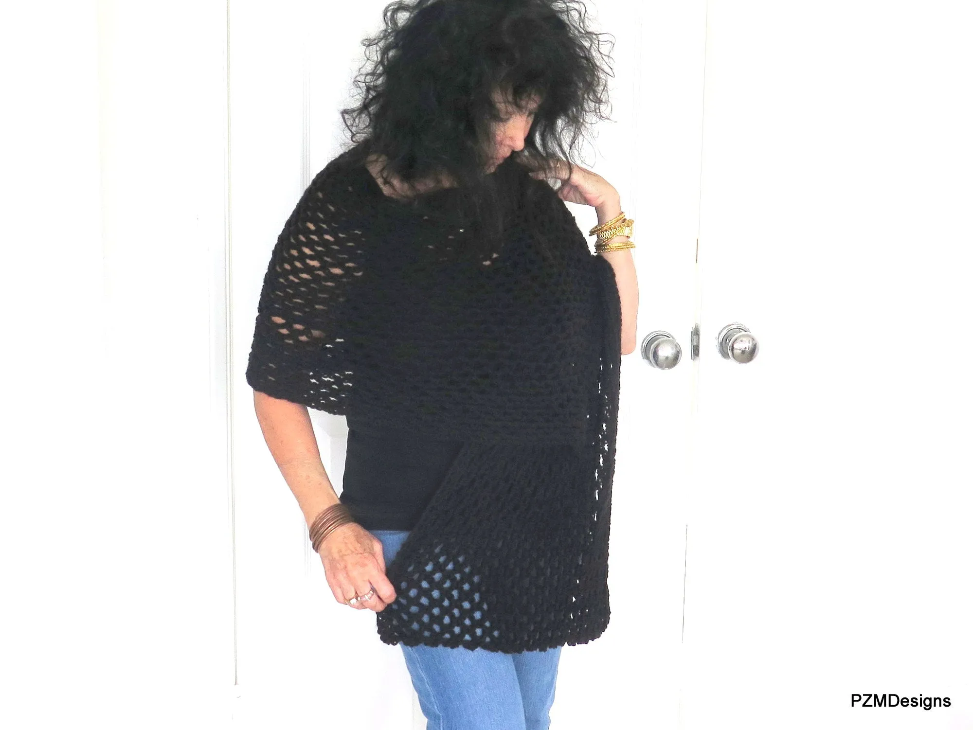 Black Fishnet Shawl, Hand Crochet Evening Wrap