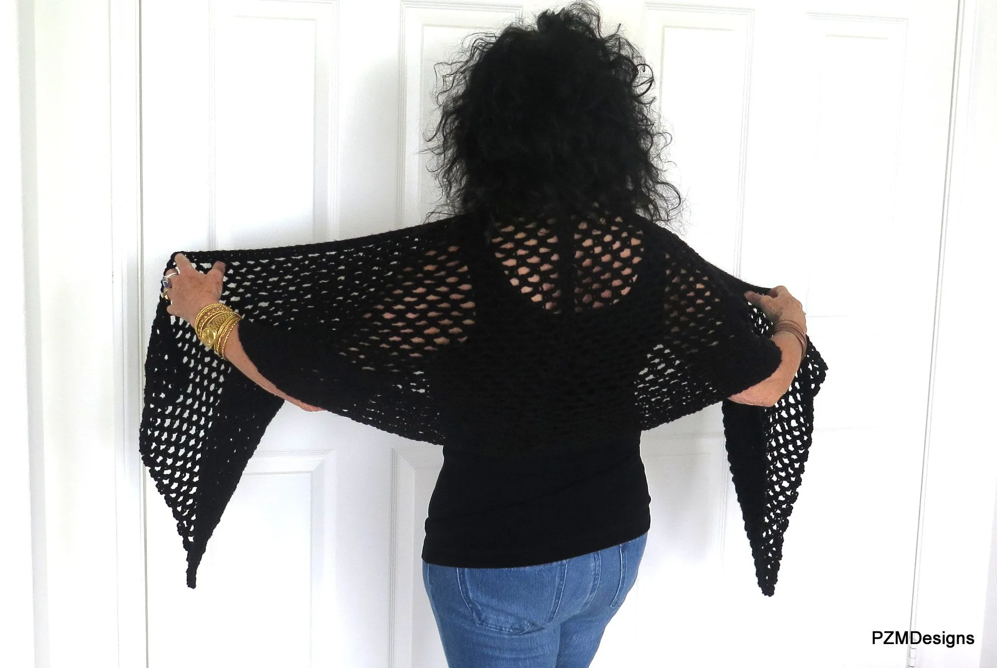 Black Fishnet Shawl, Hand Crochet Evening Wrap