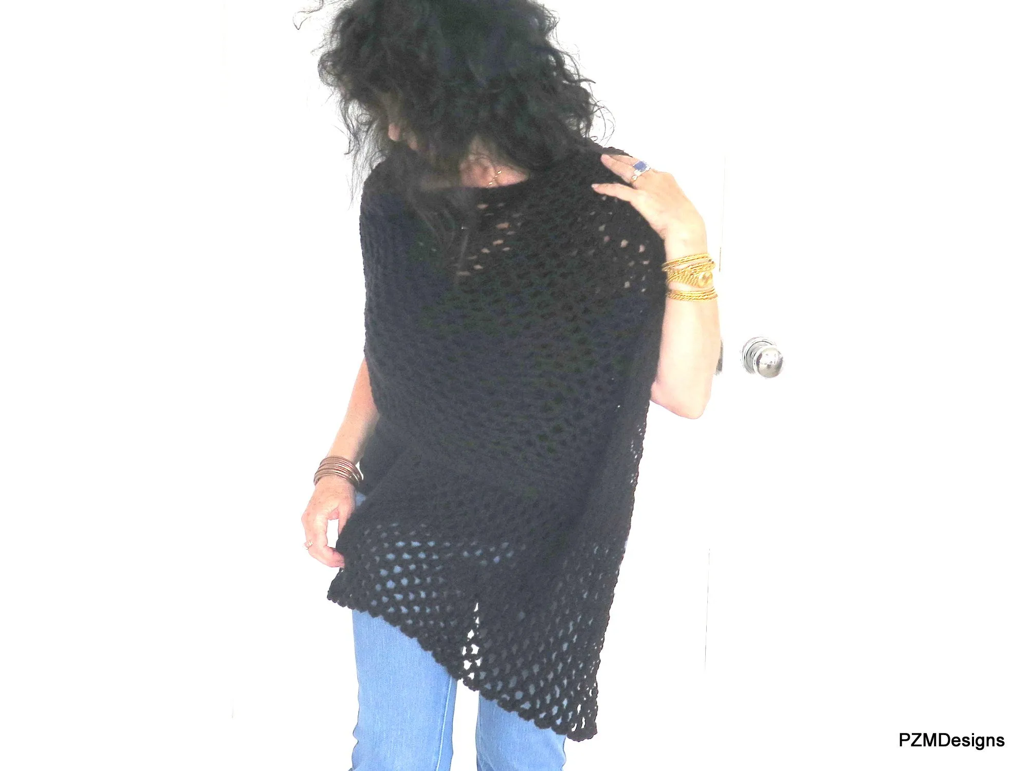 Black Fishnet Shawl, Hand Crochet Evening Wrap