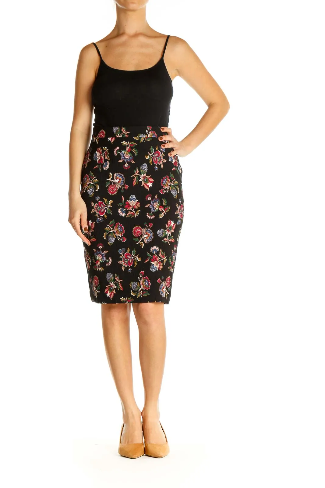 Black Floral Print Retro Pencil Skirt