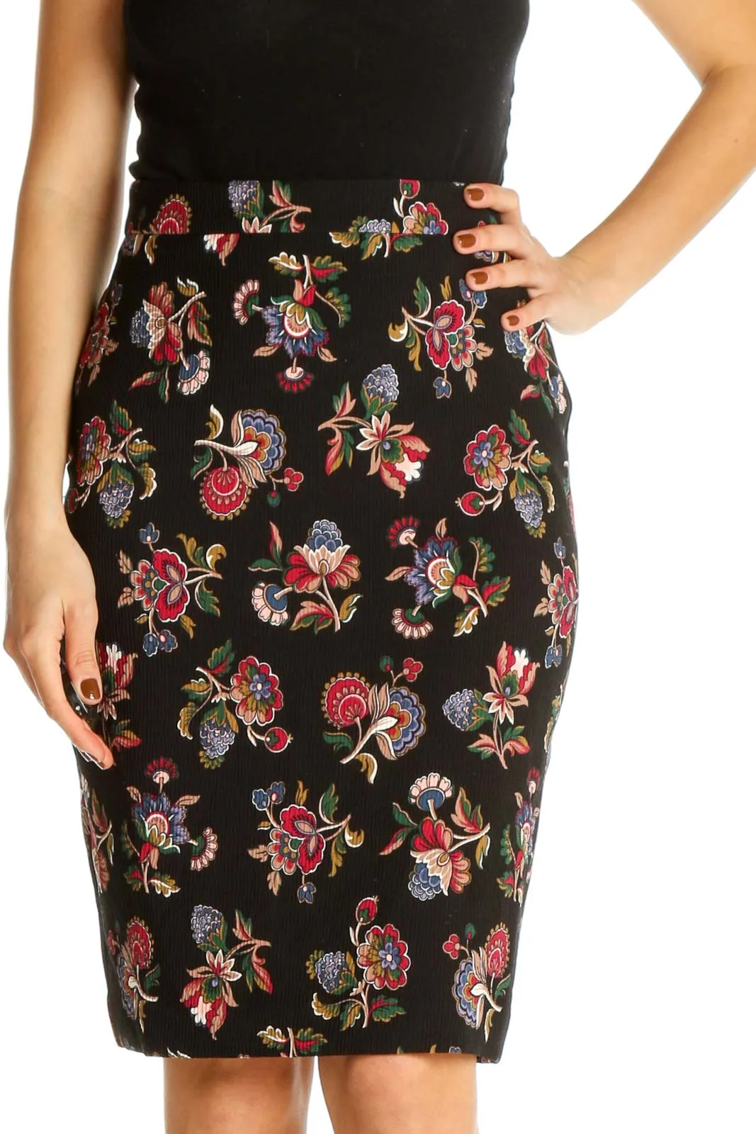 Black Floral Print Retro Pencil Skirt