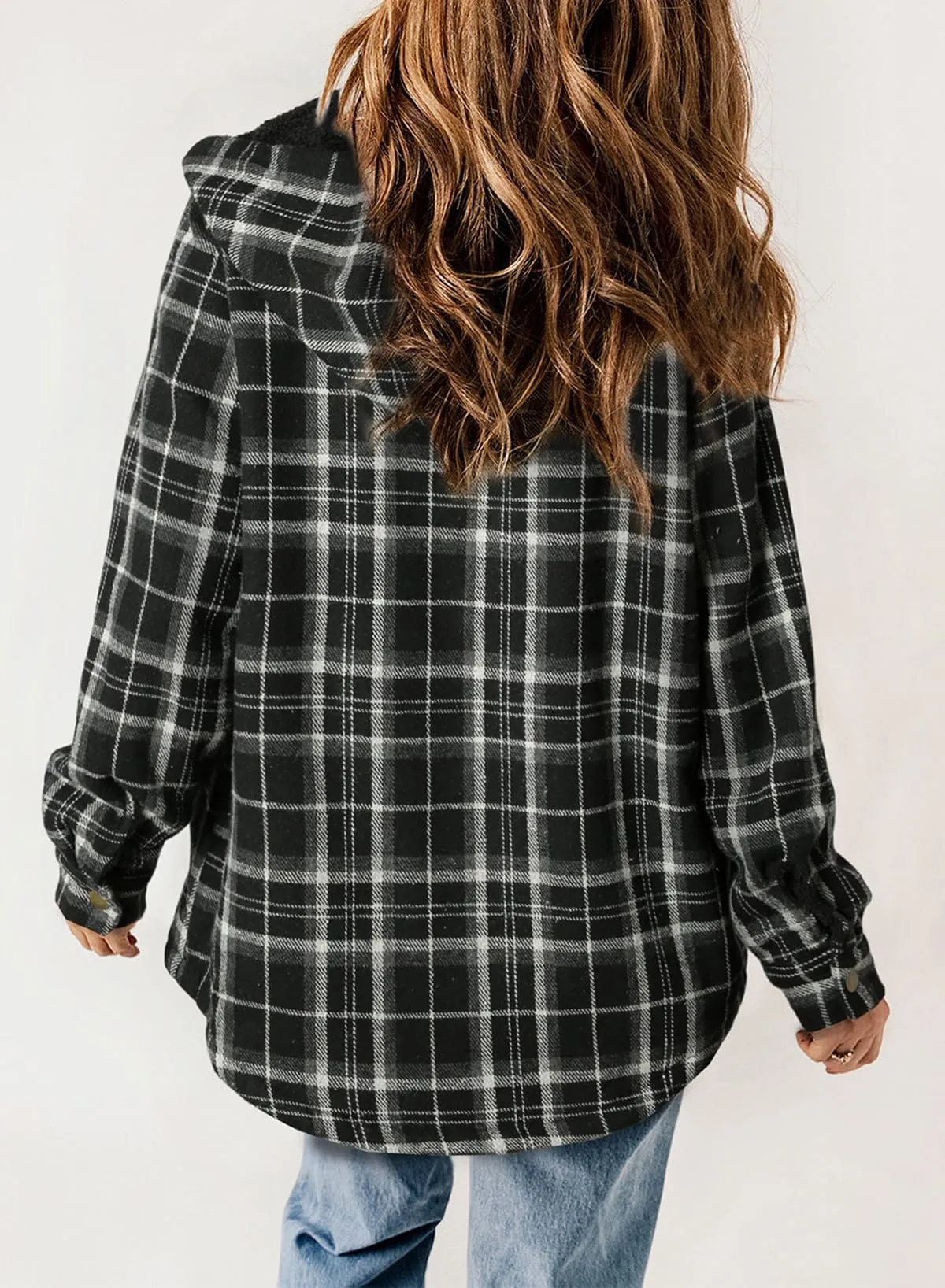 Black Light Fleece Jackets Women Plaid Shacket Long Sleeve Button Down  - Dokotoo