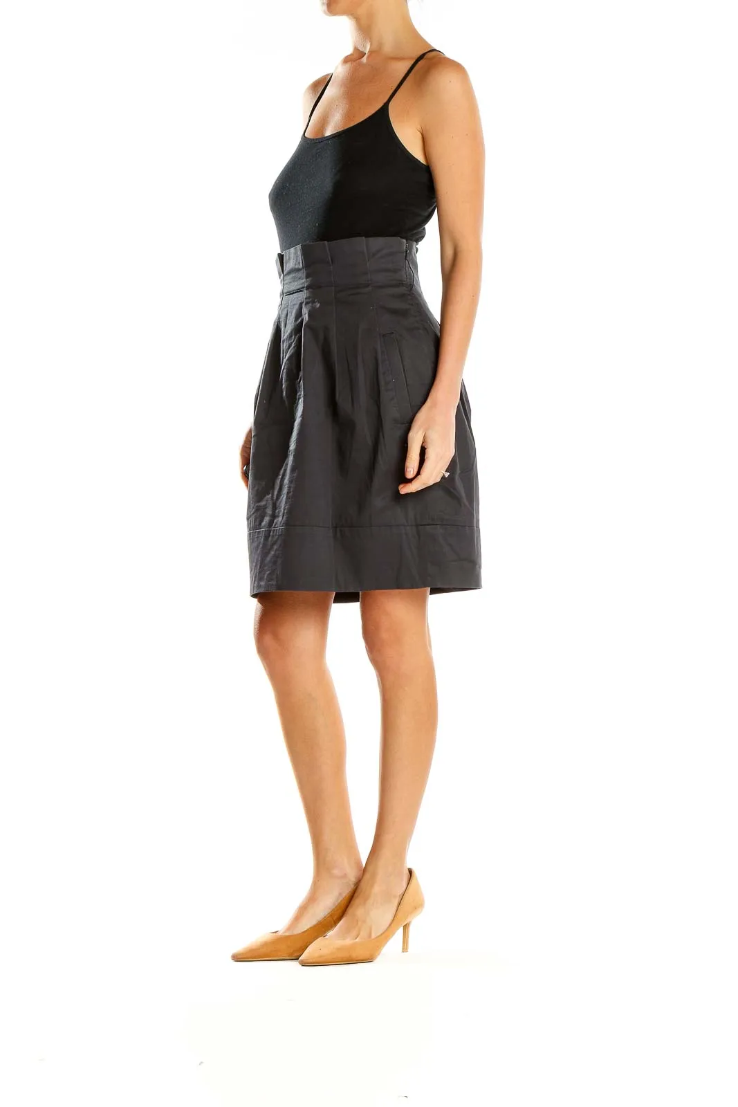 Black Pleated High-Waist Midi Skirt