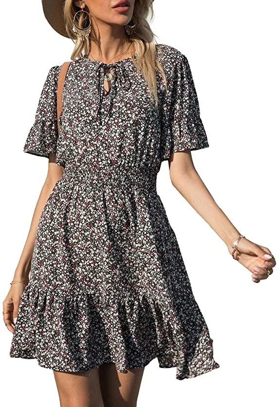 Black Red Women's Summer Boho Short Dresses Floral Print Tie Neck Short Sleeve Elastic High Waist Ruffle Mini Skater Dress - Prettygarden