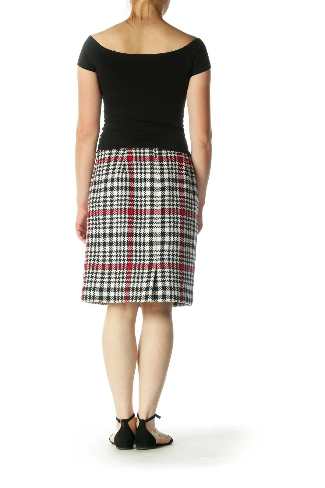 Black White Red Blend Wool Houndstooth Pencil Midi Skirt